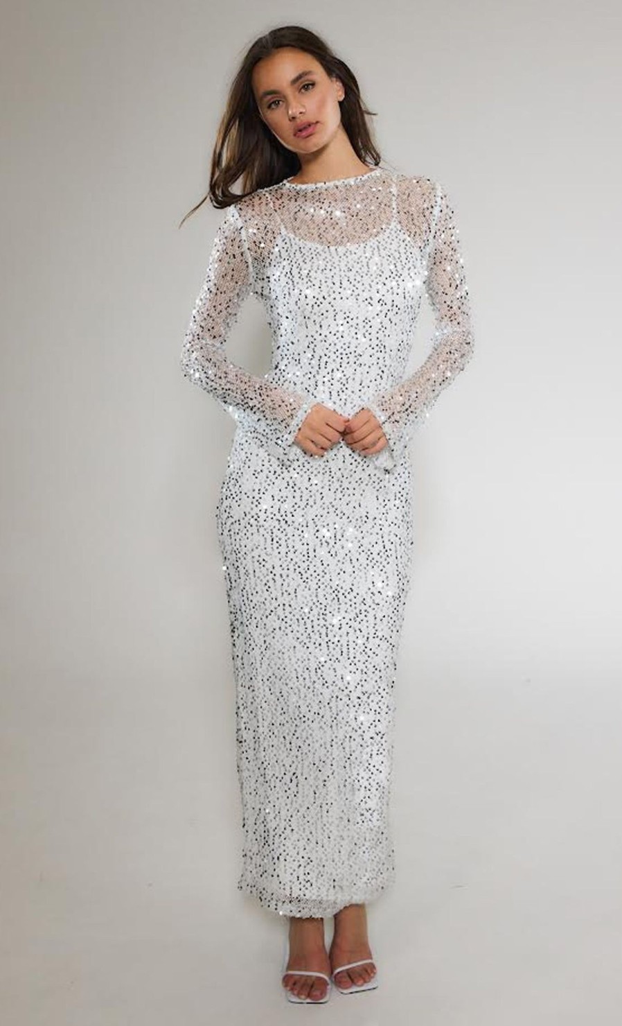 Women Rare London  White Long Sleeve Sequin Maxi Dress ⋆ Partyofdress